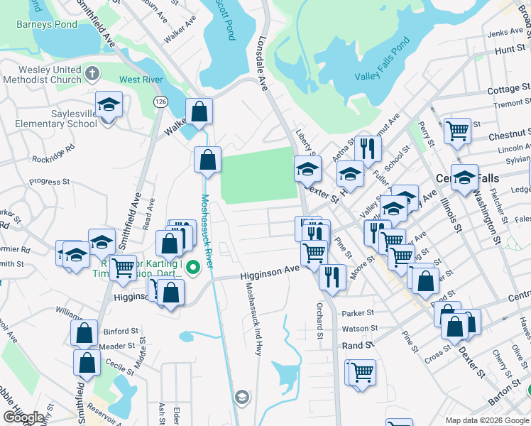 map of restaurants, bars, coffee shops, grocery stores, and more near 53 Wetmore St in Central Falls