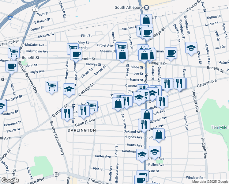 map of restaurants, bars, coffee shops, grocery stores, and more near 87 Chaplin Street in Pawtucket