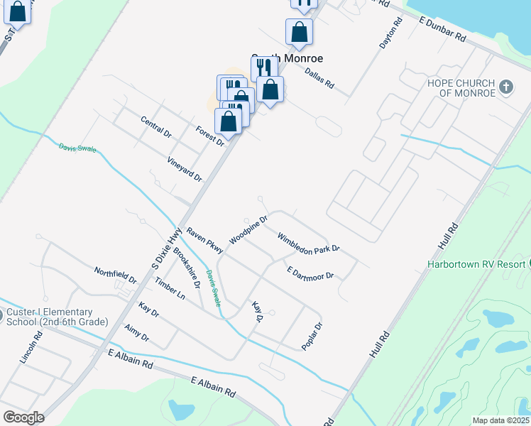 map of restaurants, bars, coffee shops, grocery stores, and more near 5467 Downing Circle in Monroe