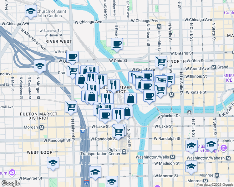 map of restaurants, bars, coffee shops, grocery stores, and more near 555 West Kinzie Street in Chicago