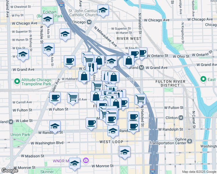 map of restaurants, bars, coffee shops, grocery stores, and more near 400 North Morgan Street in Chicago
