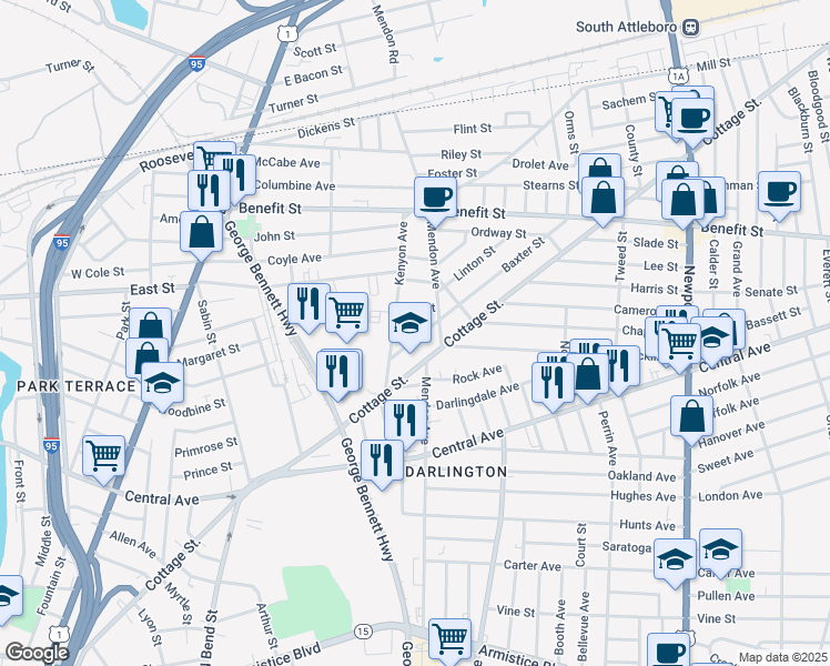 map of restaurants, bars, coffee shops, grocery stores, and more near 34 Baxter Street in Pawtucket