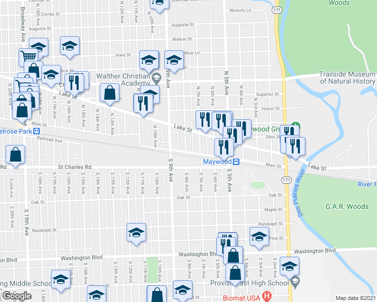 map of restaurants, bars, coffee shops, grocery stores, and more near 1 North 8th Avenue in Maywood