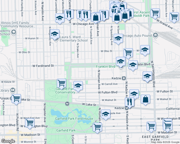 map of restaurants, bars, coffee shops, grocery stores, and more near 424 North Trumbull Avenue in Chicago