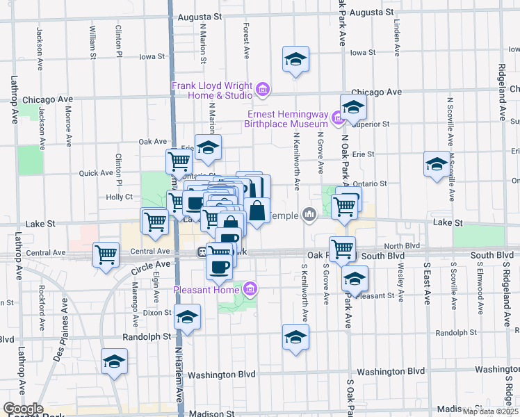 map of restaurants, bars, coffee shops, grocery stores, and more near 954 Lake Street in Oak Park