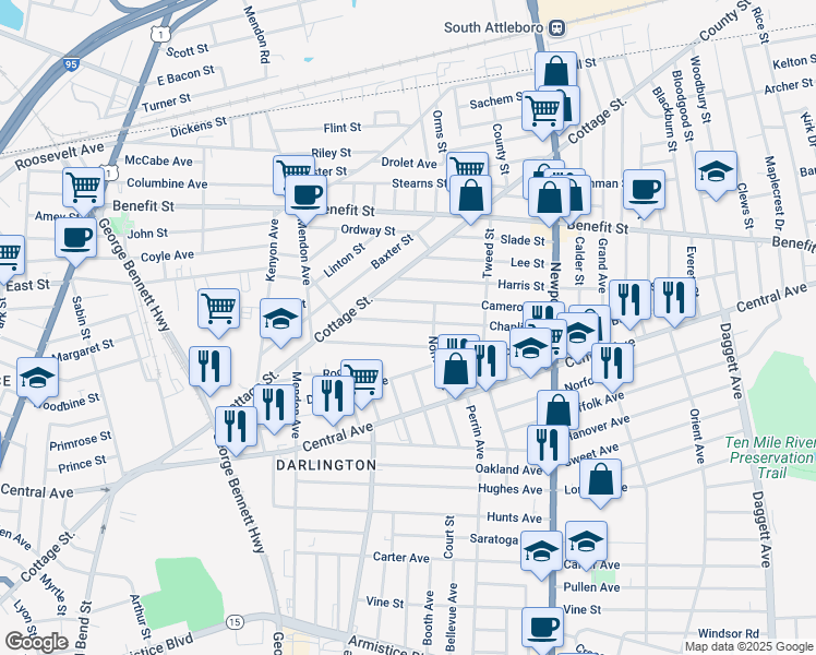 map of restaurants, bars, coffee shops, grocery stores, and more near 65 Chaplin Street in Pawtucket