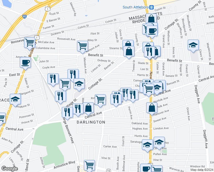 map of restaurants, bars, coffee shops, grocery stores, and more near 35 Chaplin Street in Pawtucket