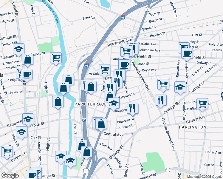 map of restaurants, bars, coffee shops, grocery stores, and more near 562 Broadway in Pawtucket