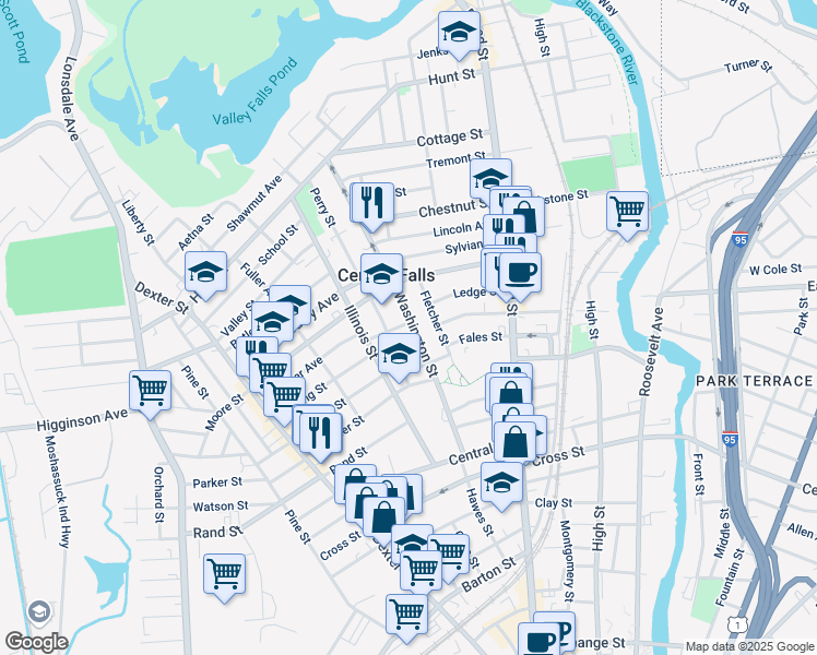 map of restaurants, bars, coffee shops, grocery stores, and more near 93 Washington Street in Central Falls