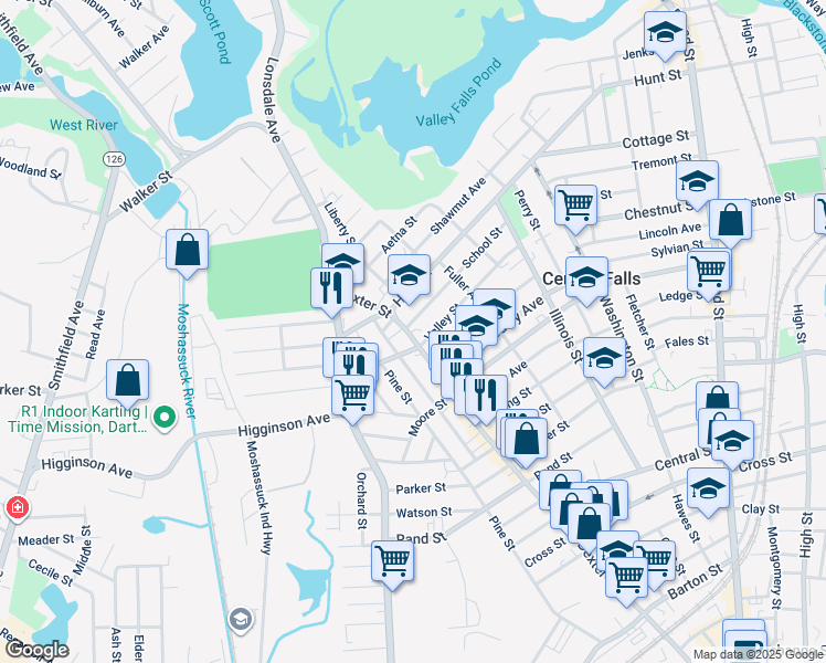 map of restaurants, bars, coffee shops, grocery stores, and more near 158 Valley Street in Central Falls