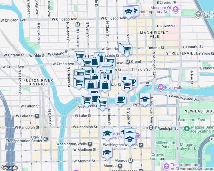 map of restaurants, bars, coffee shops, grocery stores, and more near 113 West Kinzie Street in Chicago