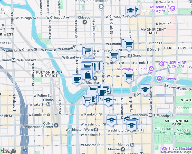 map of restaurants, bars, coffee shops, grocery stores, and more near 470 West Merchandise Mart Plaza in Chicago