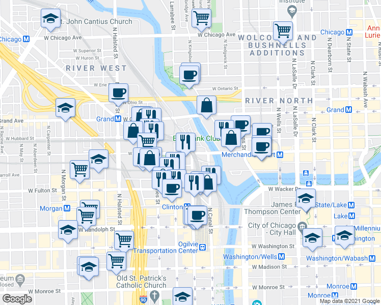 map of restaurants, bars, coffee shops, grocery stores, and more near 555 West Kinzie Street in Chicago