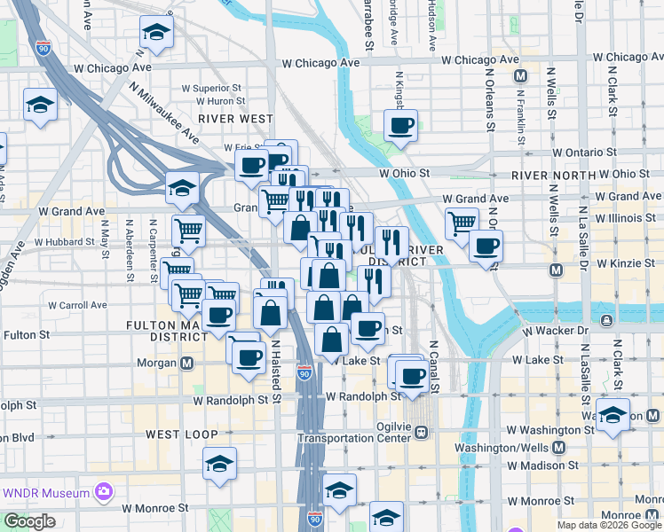 map of restaurants, bars, coffee shops, grocery stores, and more near in Chicago