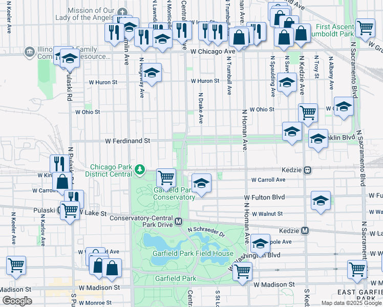map of restaurants, bars, coffee shops, grocery stores, and more near 427 North Central Park Avenue in Chicago