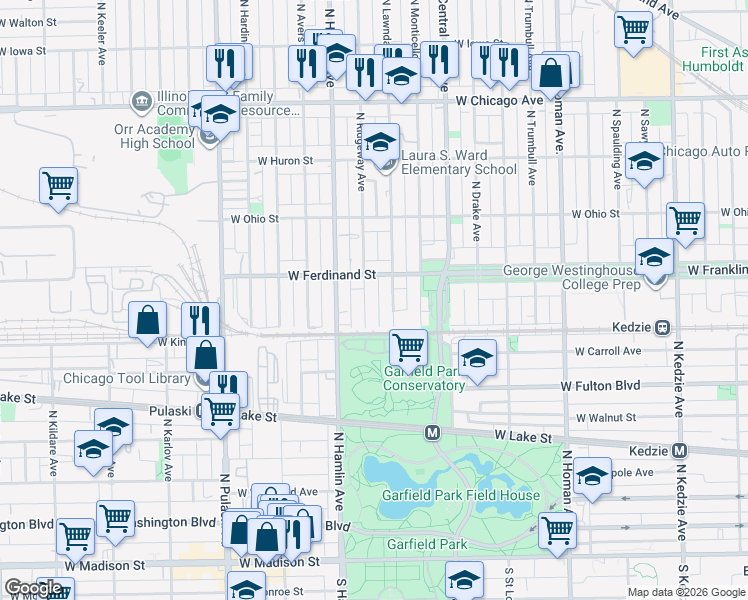 map of restaurants, bars, coffee shops, grocery stores, and more near 432 North Ridgeway Avenue in Chicago