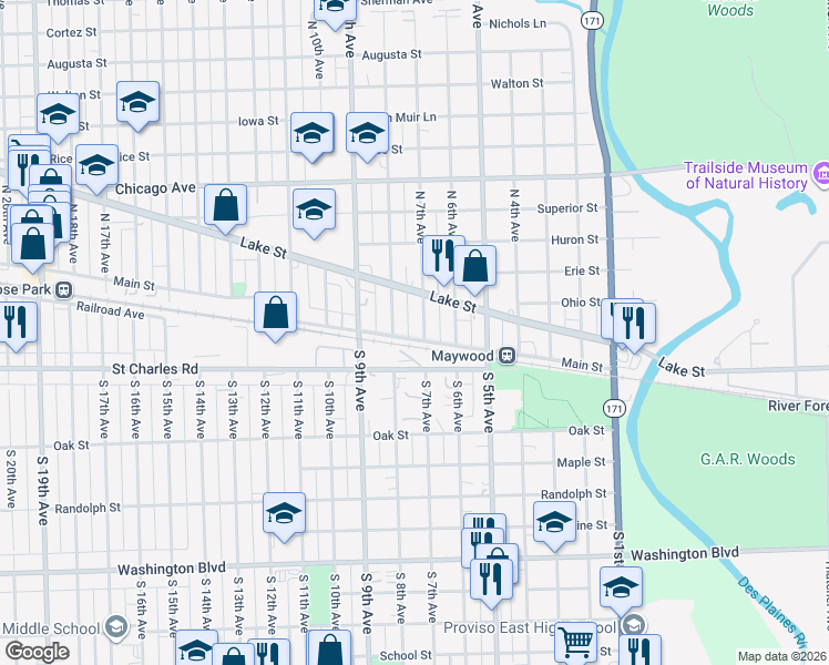 map of restaurants, bars, coffee shops, grocery stores, and more near 1 North 7th Avenue in Maywood