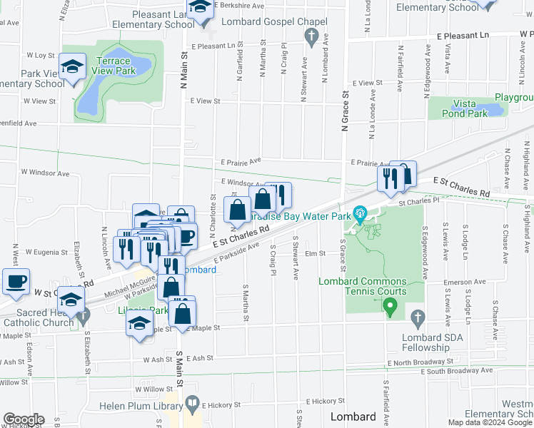 map of restaurants, bars, coffee shops, grocery stores, and more near 234 East Saint Charles Road in Lombard