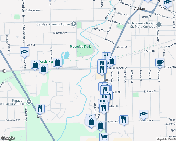map of restaurants, bars, coffee shops, grocery stores, and more near 705 West Beecher Street in Adrian