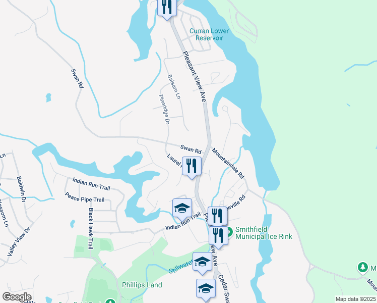 map of restaurants, bars, coffee shops, grocery stores, and more near 6 Swan Road in Smithfield