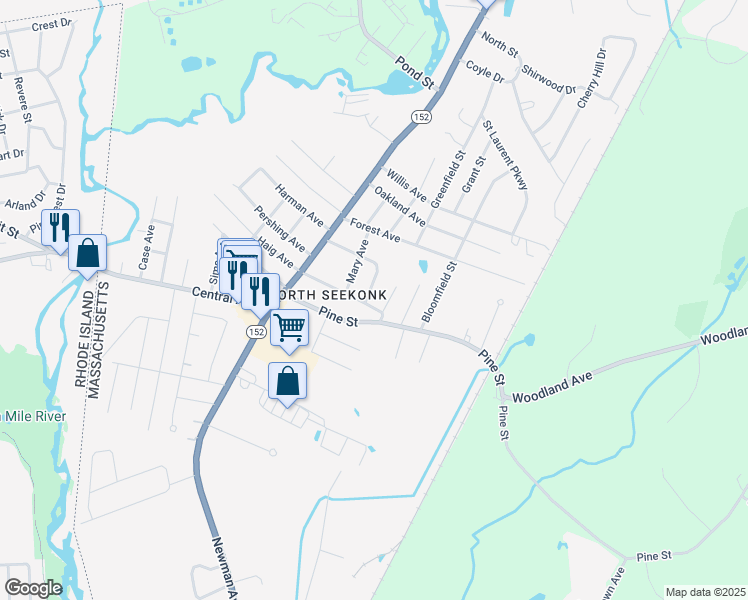 map of restaurants, bars, coffee shops, grocery stores, and more near 72 Mayfield Street in Seekonk