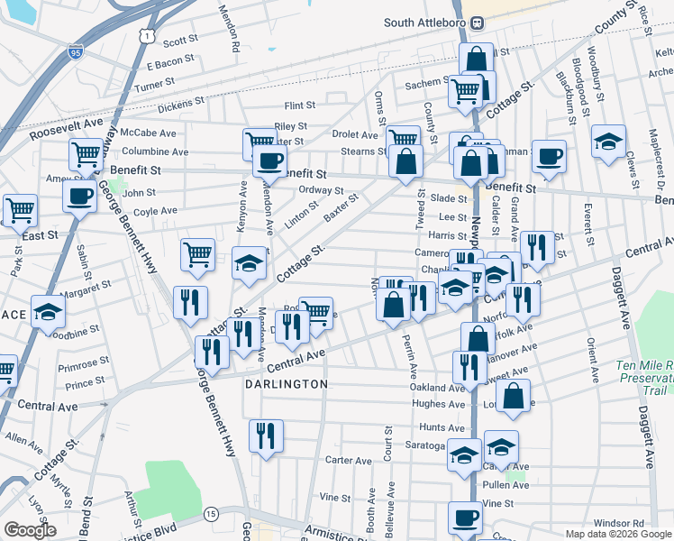 map of restaurants, bars, coffee shops, grocery stores, and more near 35 Chaplin Street in Pawtucket