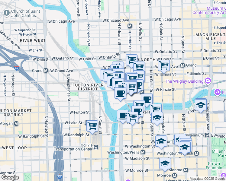 map of restaurants, bars, coffee shops, grocery stores, and more near 245 North Kingsbury Street in Chicago