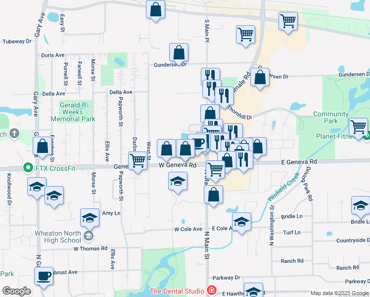 map of restaurants, bars, coffee shops, grocery stores, and more near 2200 North Main Street in Wheaton
