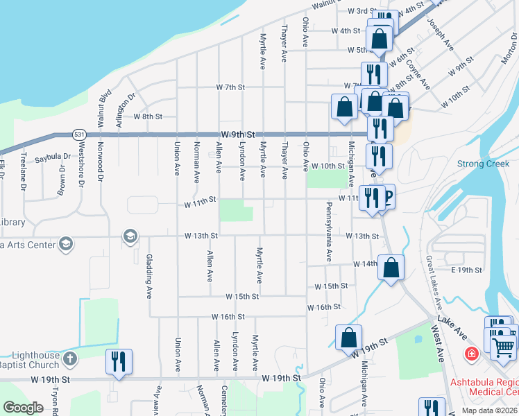 map of restaurants, bars, coffee shops, grocery stores, and more near 1121 Myrtle Avenue in Ashtabula