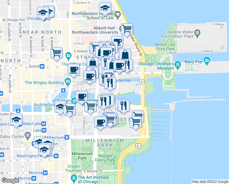 map of restaurants, bars, coffee shops, grocery stores, and more near in Chicago