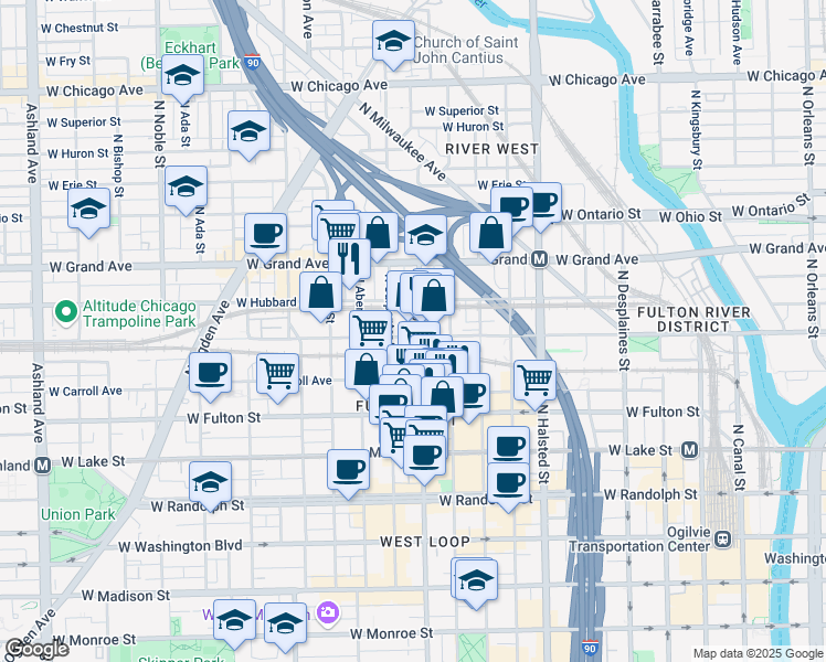 map of restaurants, bars, coffee shops, grocery stores, and more near 400 North Morgan Street in Chicago