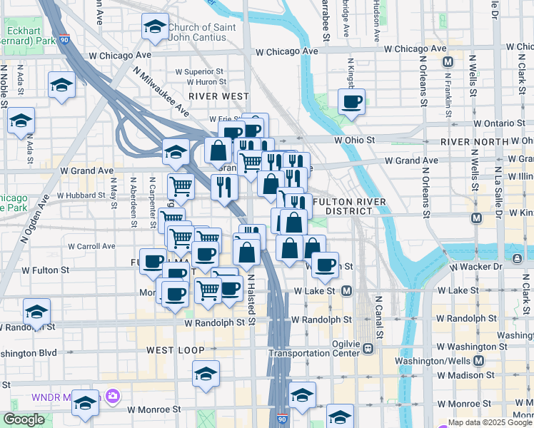 map of restaurants, bars, coffee shops, grocery stores, and more near 716 West Kinzie Street in Chicago