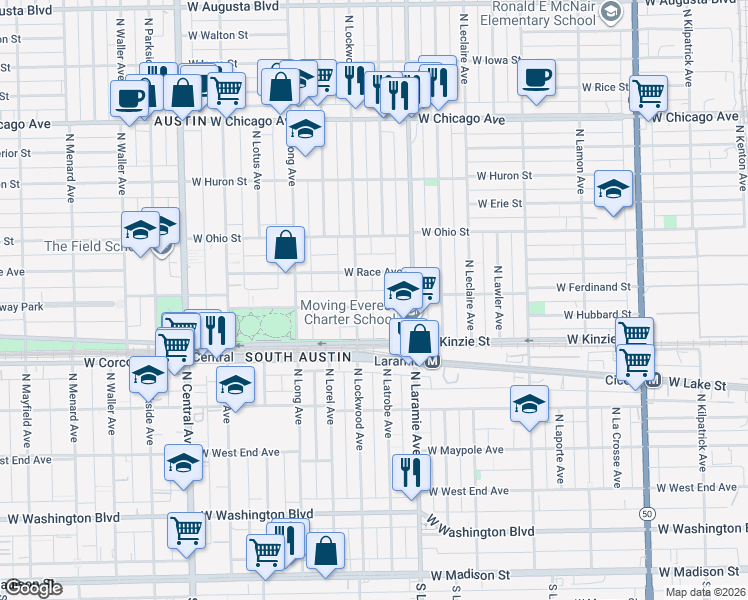 map of restaurants, bars, coffee shops, grocery stores, and more near 5242 West Ferdinand Street in Chicago