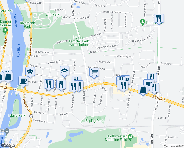 map of restaurants, bars, coffee shops, grocery stores, and more near 227 East Side Drive in Geneva