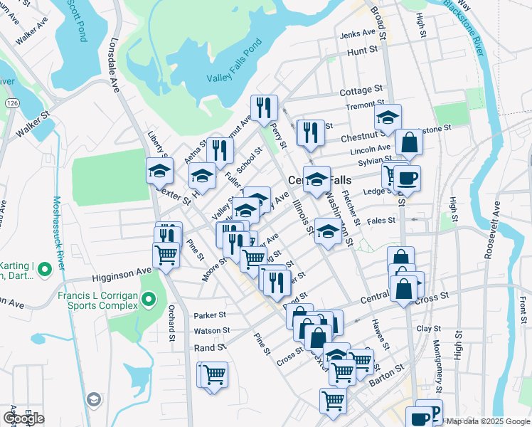 map of restaurants, bars, coffee shops, grocery stores, and more near 120 Hedley Avenue in Central Falls