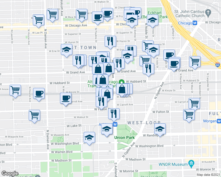 map of restaurants, bars, coffee shops, grocery stores, and more near 400 North Ashland Avenue in Chicago
