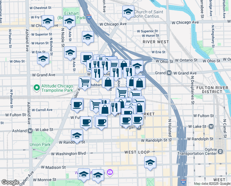 map of restaurants, bars, coffee shops, grocery stores, and more near 400 North Aberdeen Street in Chicago