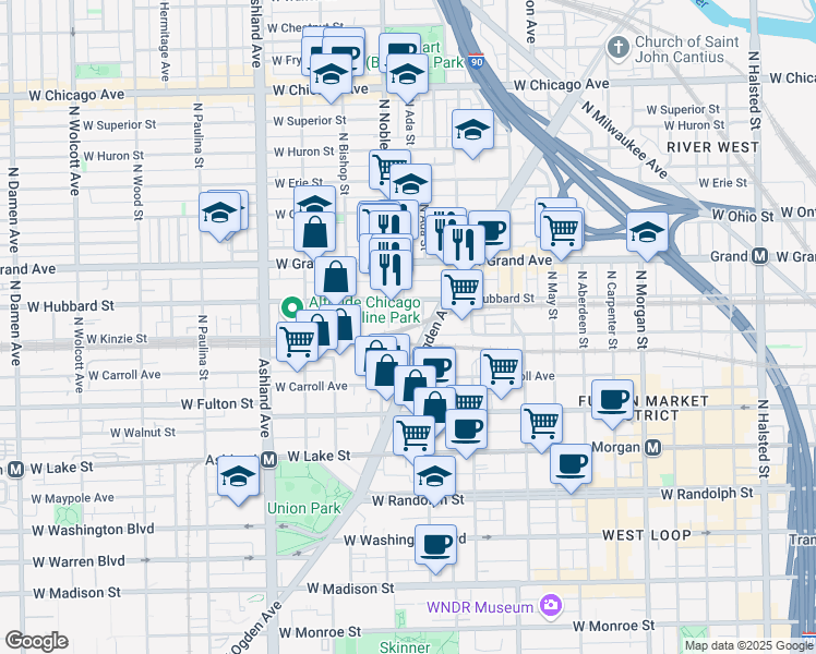 map of restaurants, bars, coffee shops, grocery stores, and more near 409 North Noble Street in Chicago
