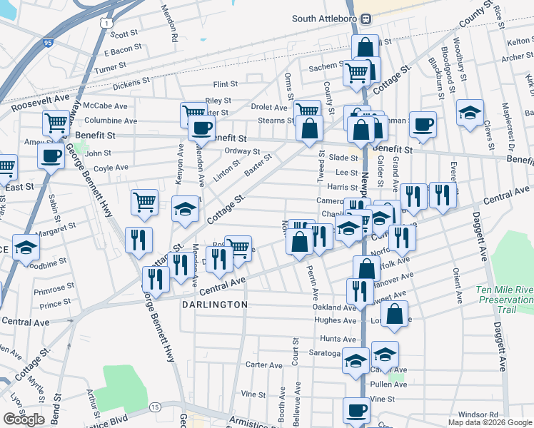 map of restaurants, bars, coffee shops, grocery stores, and more near 65 Chaplin Street in Pawtucket