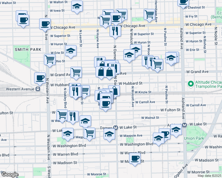map of restaurants, bars, coffee shops, grocery stores, and more near 401-419 N Seeley Ave in Chicago
