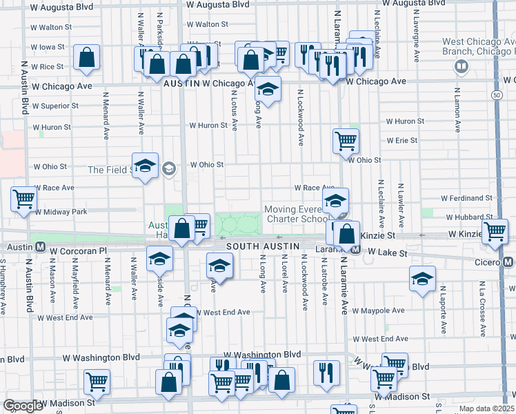 map of restaurants, bars, coffee shops, grocery stores, and more near 5402 West Ferdinand Street in Chicago
