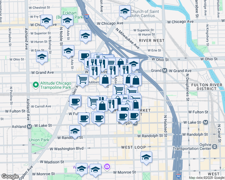 map of restaurants, bars, coffee shops, grocery stores, and more near 400 North Aberdeen Street in Chicago