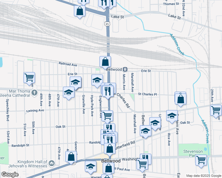 map of restaurants, bars, coffee shops, grocery stores, and more near 4103 Saint Charles Road in Bellwood