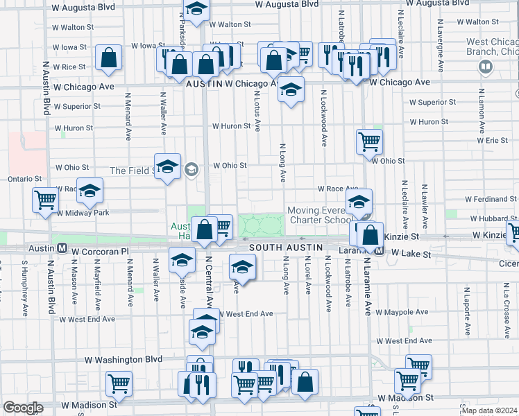 map of restaurants, bars, coffee shops, grocery stores, and more near 5438 West Ferdinand Street in Chicago