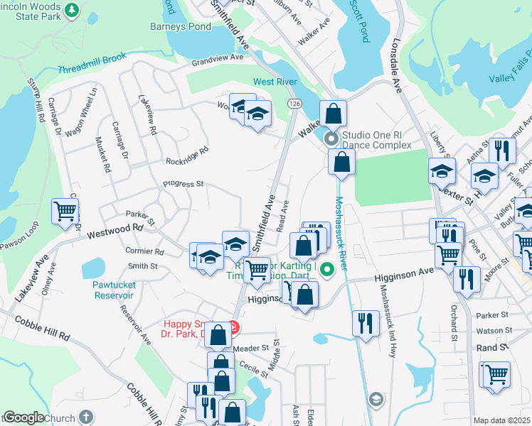 map of restaurants, bars, coffee shops, grocery stores, and more near Smithfield Avenue in Lincoln