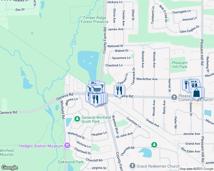 map of restaurants, bars, coffee shops, grocery stores, and more near 141 County Farm Road in Winfield