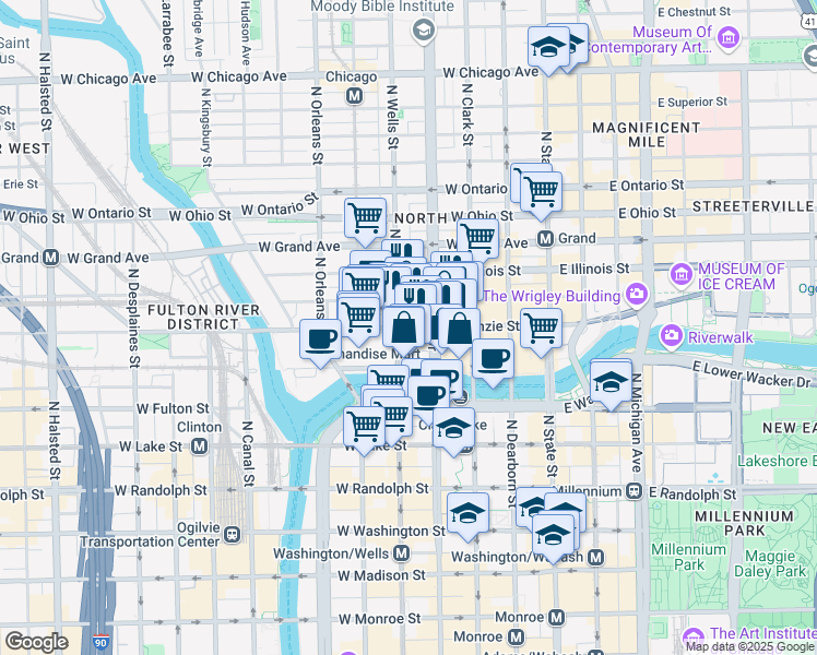 map of restaurants, bars, coffee shops, grocery stores, and more near 161 West Kinzie Street in Chicago