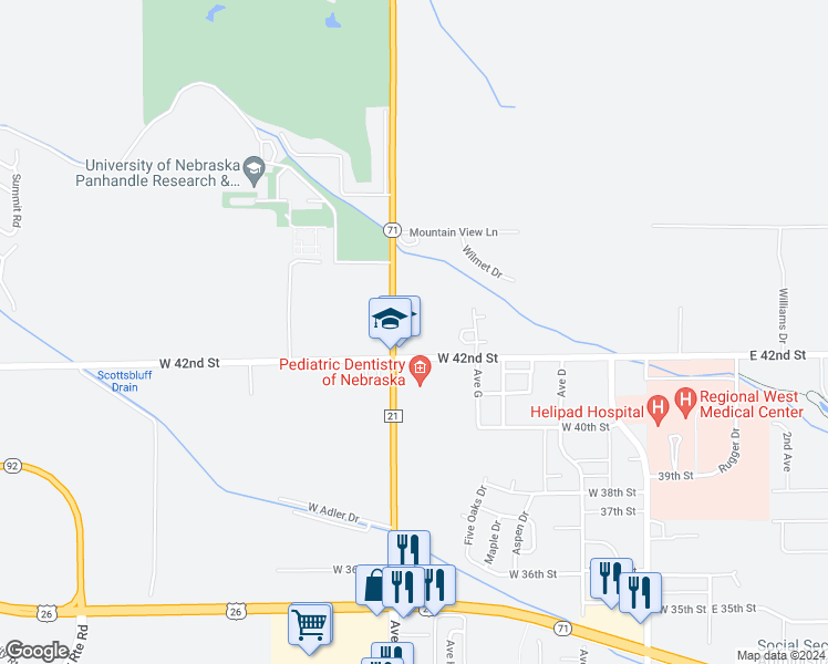 map of restaurants, bars, coffee shops, grocery stores, and more near 4215 Avenue I in Scottsbluff