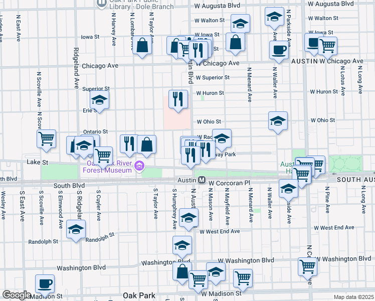 map of restaurants, bars, coffee shops, grocery stores, and more near 444 North Austin Boulevard in Oak Park