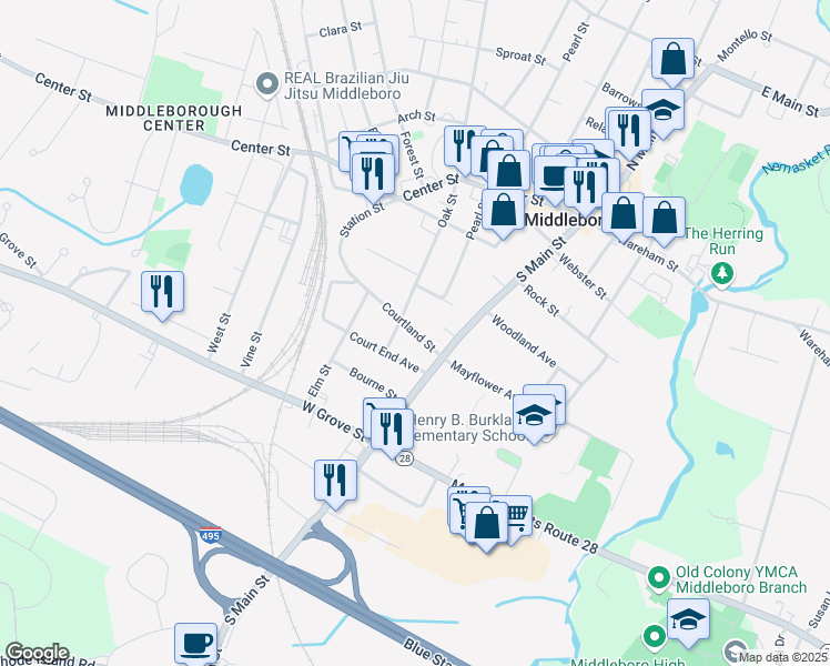 map of restaurants, bars, coffee shops, grocery stores, and more near 11 Courtland Street in Middleborough